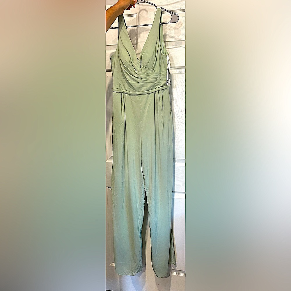 Azazie Jumpsuit V-Neck Floor Sage Green color         Size A10